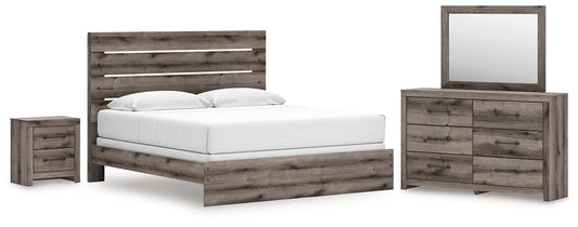 Graystorm King Panel Bed with Mirrored Dresser and Nightstand