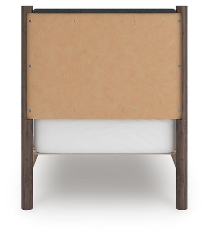 Pamytta Twin Upholstered Panel Platform Bed, Dresser, Mirror and Nightstand