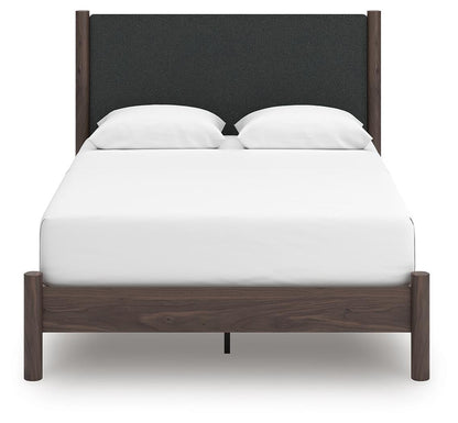 Pamytta Queen Upholstered Panel Platform Bed, Dresser, Mirror and Nightstand