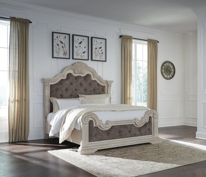 Bruchandi King Upholstered Panel Bed with Mirrored Dresser and Nightstand