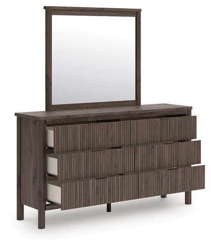 Pamytta Full Upholstered Panel Bed, Dresser, Mirror and Nightstand