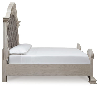 Bruchandi California King Upholstered Panel Bed with Mirrored Dresser and Nightstand